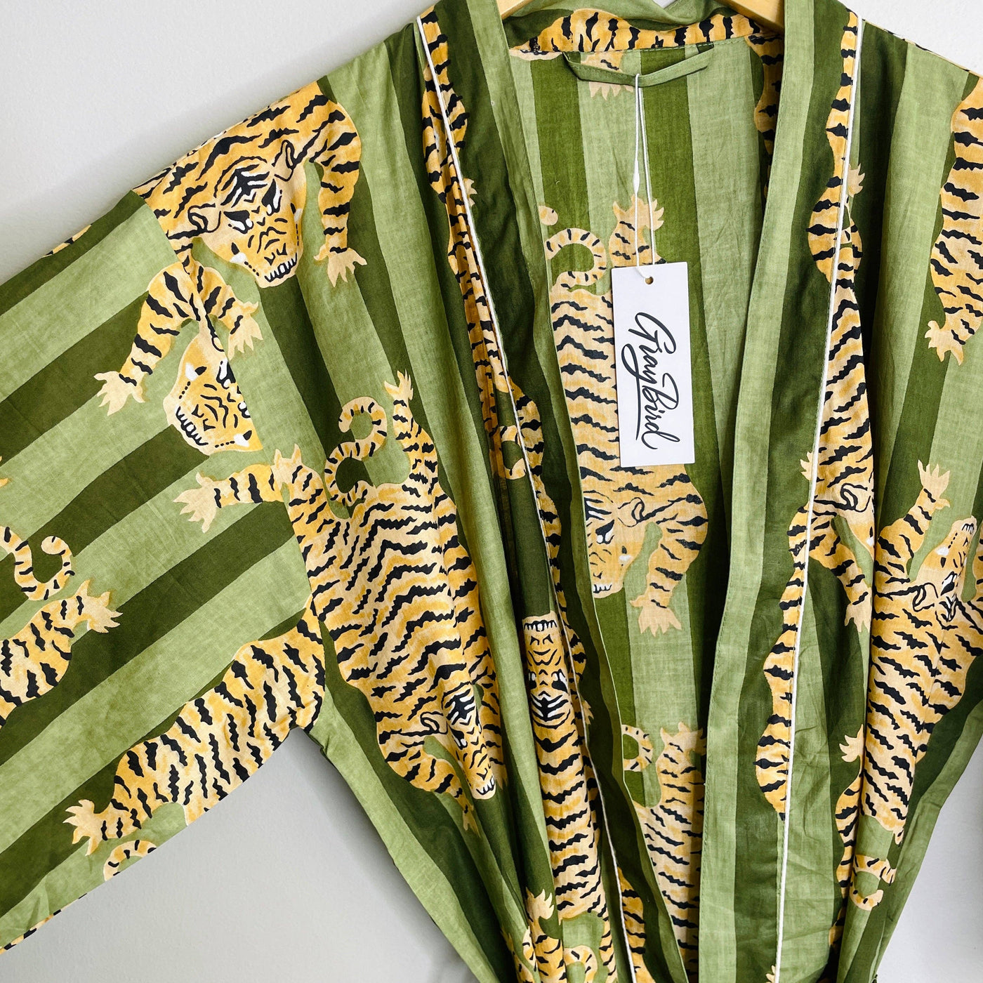 Green Tiger-100% Cotton Indian Block Printed Bath Robe-Gray Bird Label