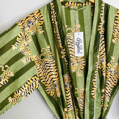 Green Tiger-100% Cotton Indian Block Printed Bath Robe-Gray Bird Label