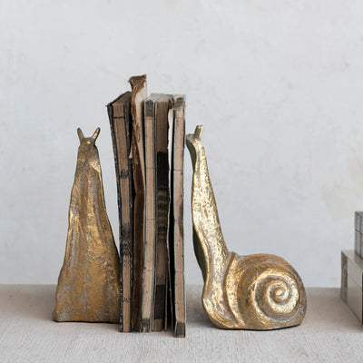 Cast Iron Snail Bookends, Distressed Gold Finish, Set of 2