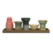 Stoneware Vase/Votive Holders w Wood Tray - Creative Co-Op