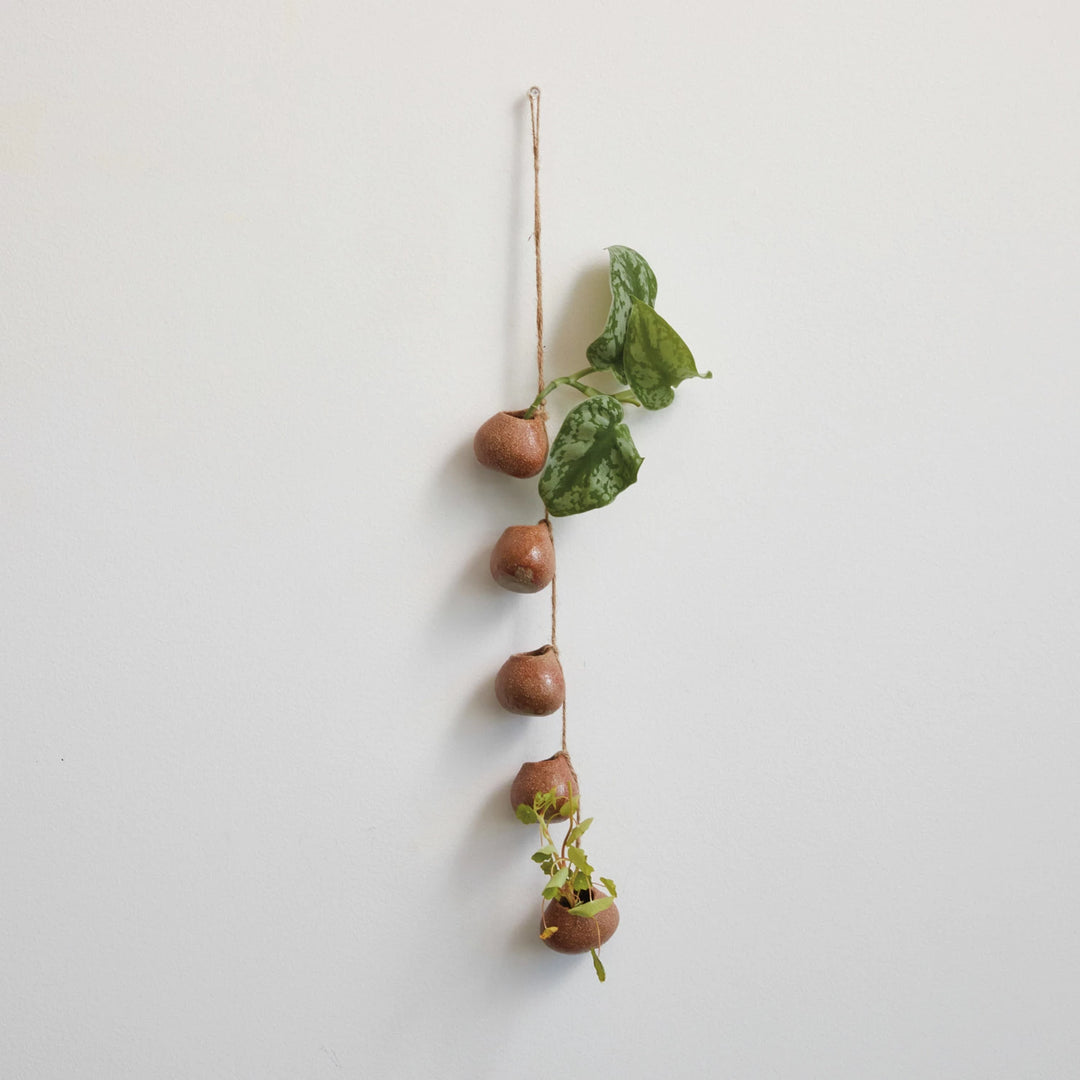 hanging vases for plants Creative Co-Op Stoneware Hanging Vases on Jute Rope Hanger and Reactive Glaze, Brown