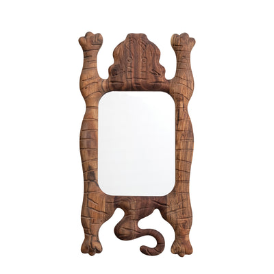 Carved Acacia Wood Framed Tibetan Tiger Shaped Wall Mirror, Natural