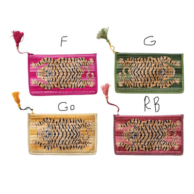 Four woven pouches with tiger designs on a white background