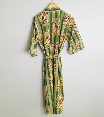 Green Tiger-100% Cotton Indian Block Printed Bath Robe-Gray Bird Label