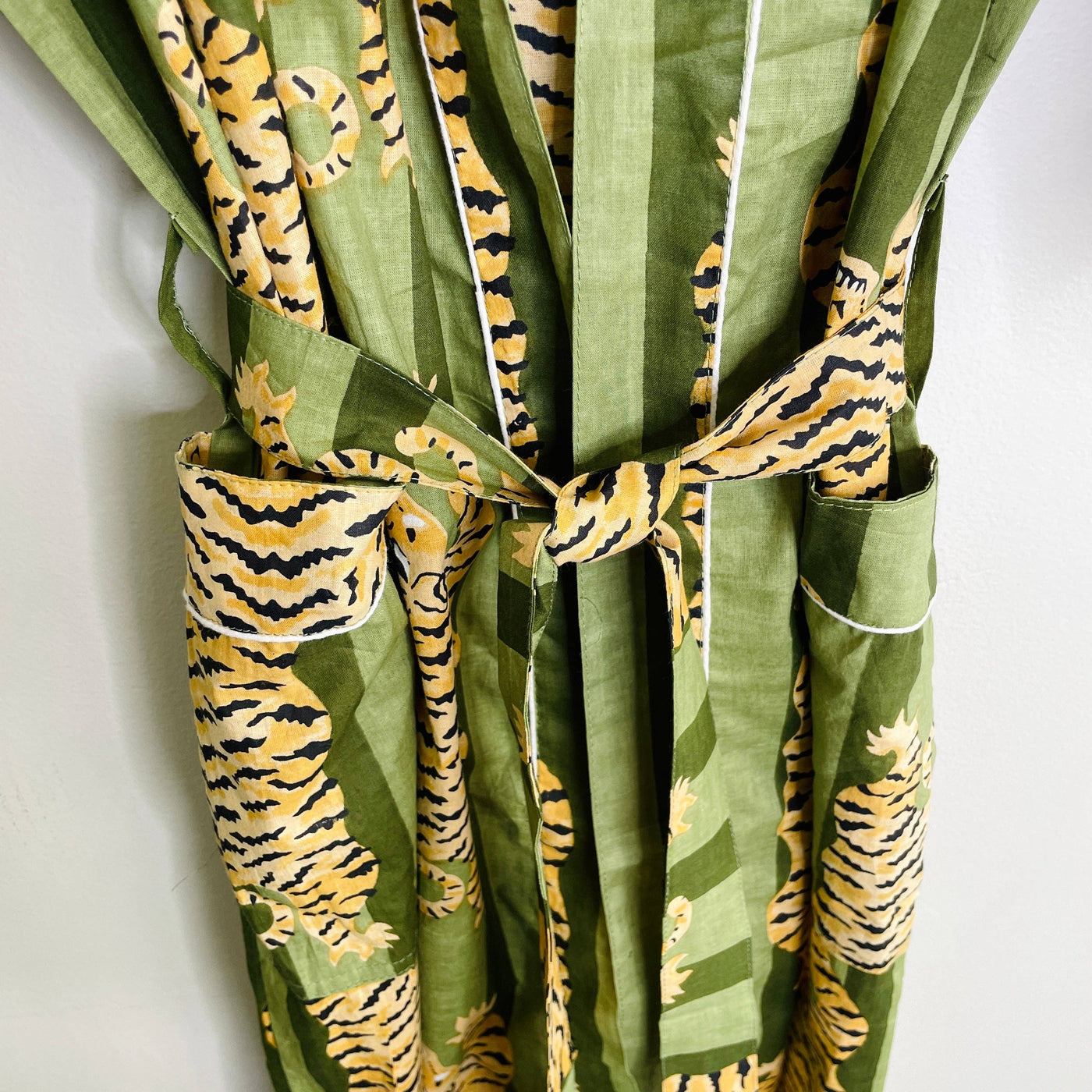 Green Tiger-100% Cotton Indian Block Printed Bath Robe-Gray Bird Label