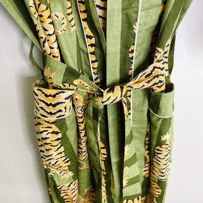 Green Tiger-100% Cotton Indian Block Printed Bath Robe-Gray Bird Label