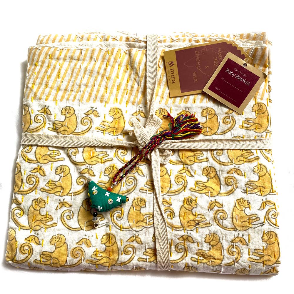 Kantha Baby Blanket - Monkey Print-Mira Fair Trade -