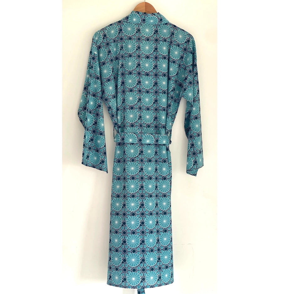 The Indian Bazaar - Womens/Mens  Kimono Robe - Teal and Indigo Geometric Cotton