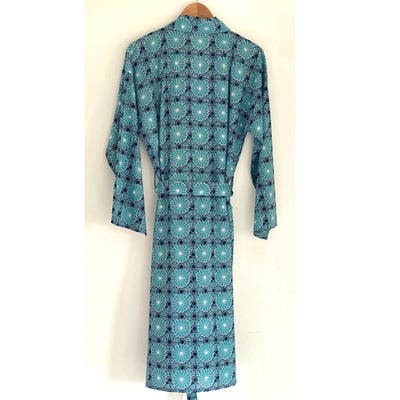 The Indian Bazaar - Womens/Mens  Kimono Robe - Teal and Indigo Geometric Cotton