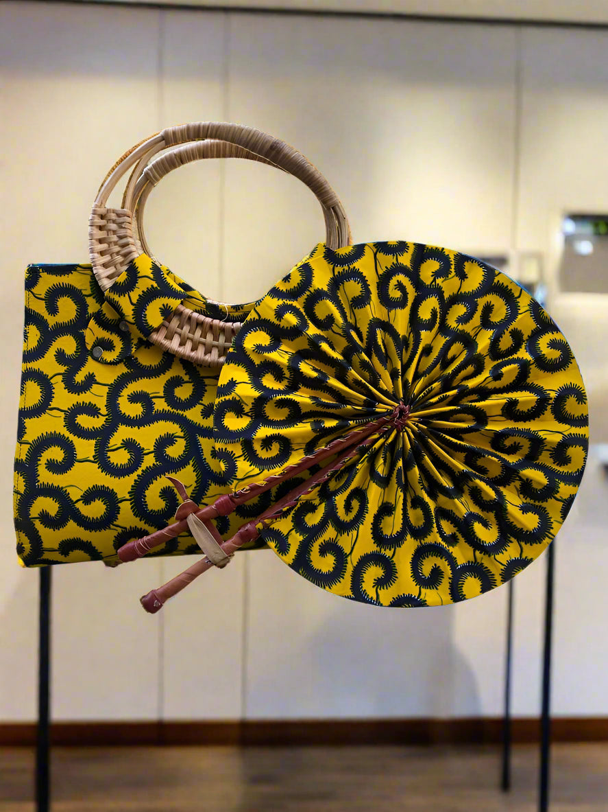 Handmade African Wax Print Handbag with Hand Fan