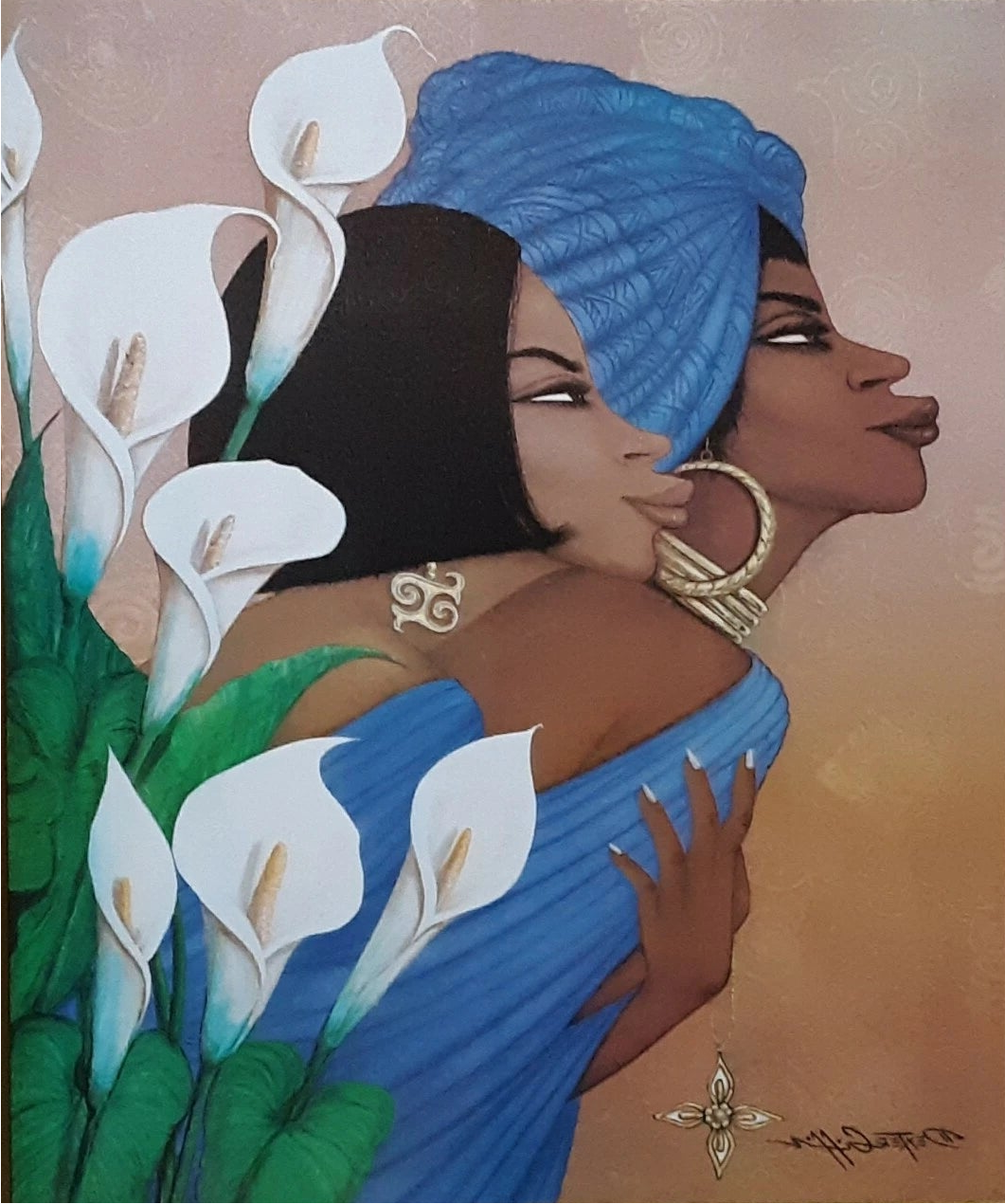 Framed artwork of two women with one  in a blue dress and headscarf with white flowers, and the other is bare-headed 