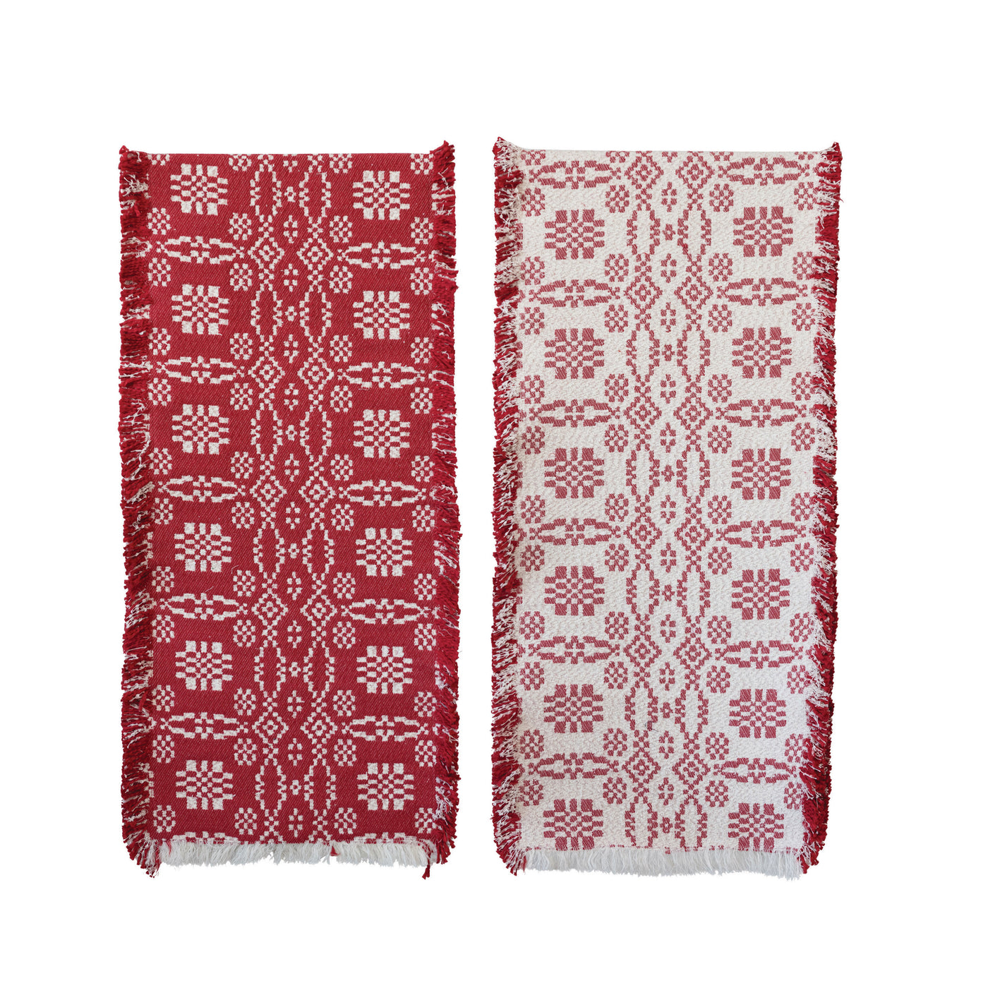 72"L x 14"W Two-Sided Woven Cotton Table Runner with Pattern and Fringe, Red and White