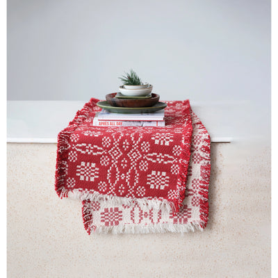 Two-Sided Woven Cotton Table Runner with Pattern and Fringe, Red and White