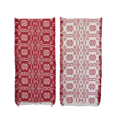 72"L x 14"W Two-Sided Woven Cotton Table Runner with Pattern and Fringe, Red and White