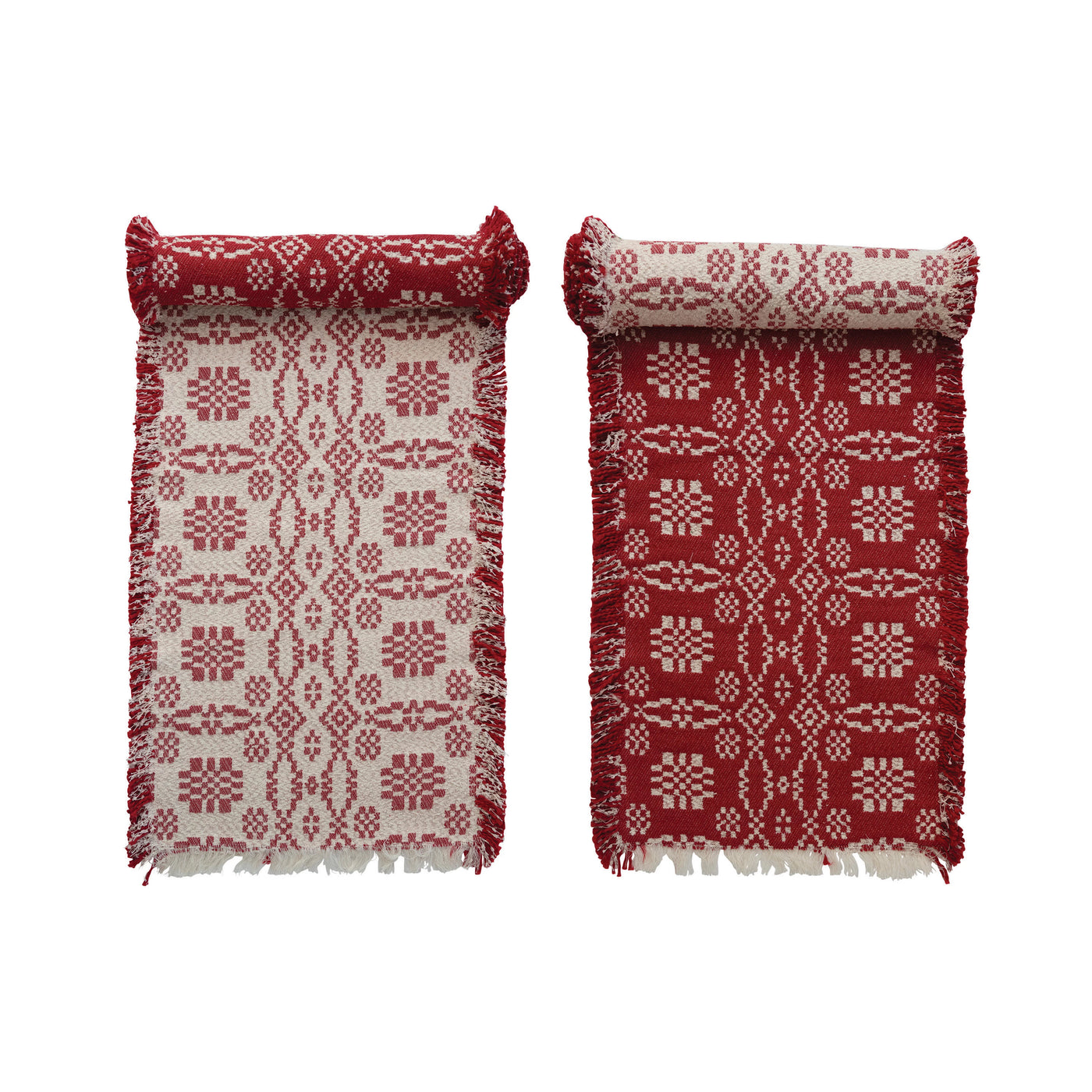 Two-Sided Woven Cotton Table Runner with Pattern and Fringe, Red and White