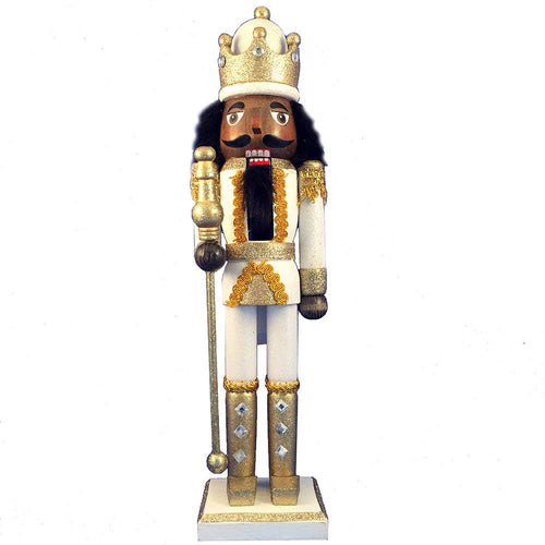 African American King Nutcracker Gold White Glitter and Crown 15 inch