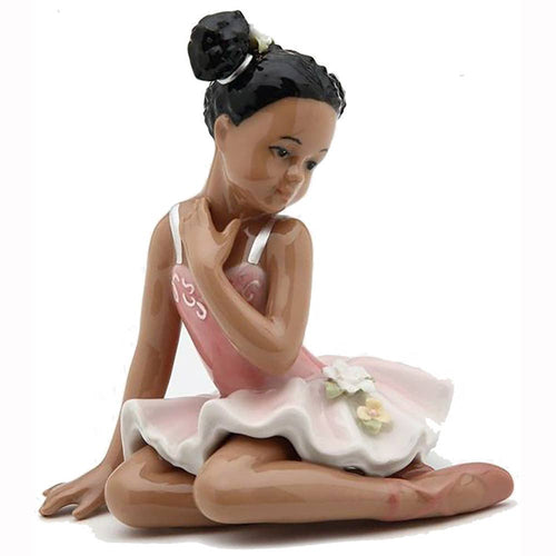 Nutcracker Ballet Gifts - Porcelain African American Ballerina Figurine Sitting with Pink Dress