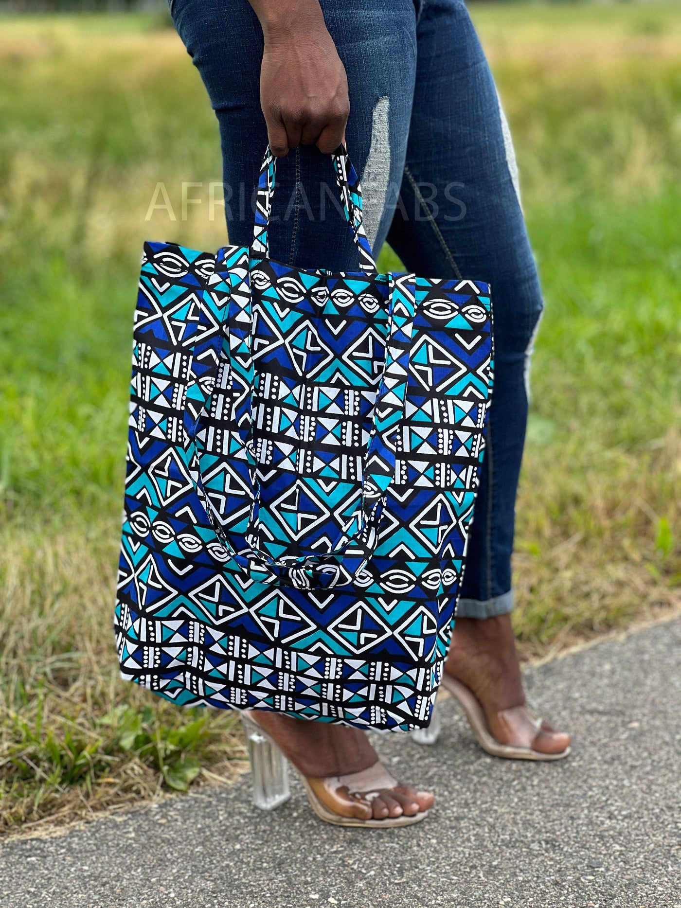 Shopper bag with African print - Blue / Turquoise Bogolan