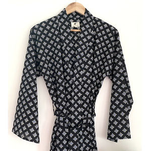 The Indian Bazaar - Womens Kimono Robe - Black and indigo  geometric cotton