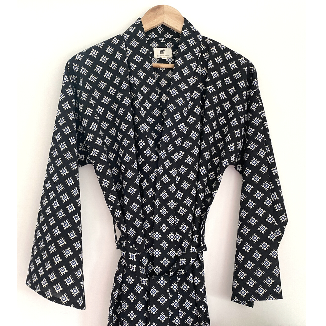 The Indian Bazaar - Womens Kimono Robe - Black and indigo  geometric cotton