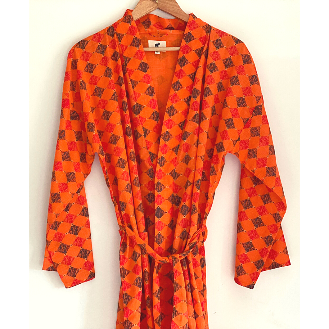 The Indian Bazaar - Womens Kimono Robe - Diamond Print in orange + bag