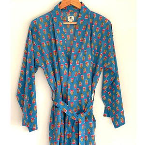 The Indian Bazaar - Womens Kimono Robe - Pale Blue Madder Block Print + bag