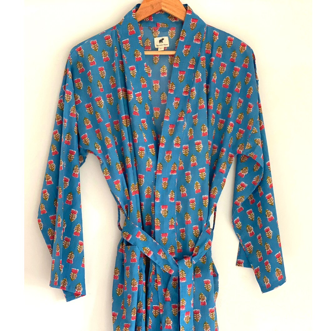 The Indian Bazaar - Womens Kimono Robe - Pale Blue Madder Block Print + bag