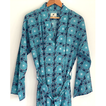 The Indian Bazaar - Womens/Mens  Kimono Robe - Teal and Indigo Geometric Cotton