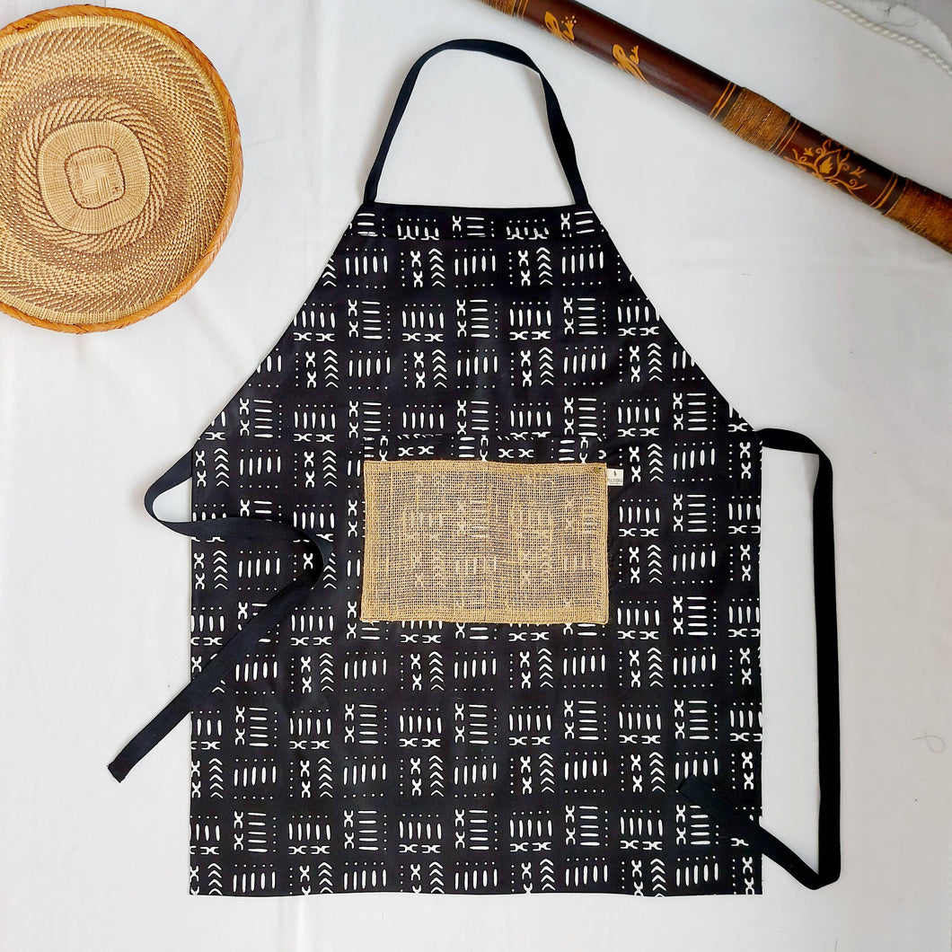 African Tribal Ethnic Bogolan Print Apron with Burlap Pocket