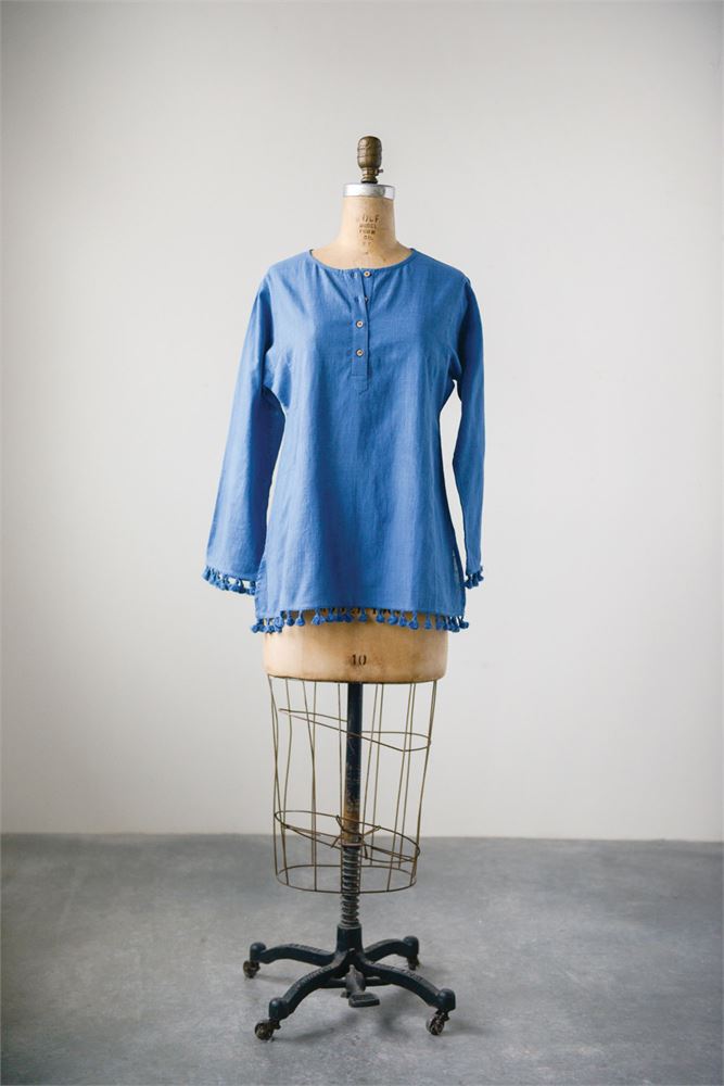 Double Cotton Slub Nima Shirt w/ Tassels, Blue