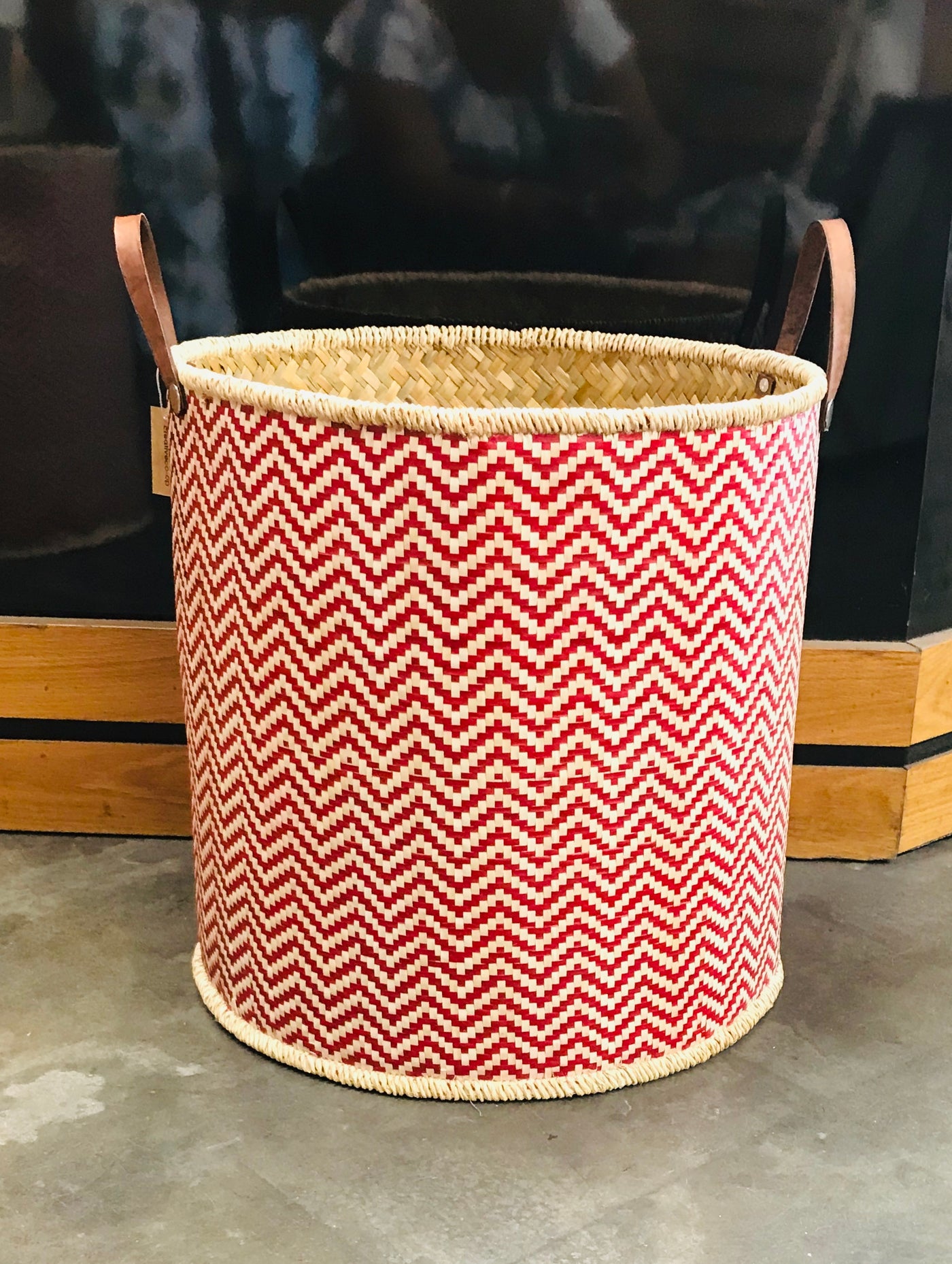 Round Palm Leaf Laundry Basket w/ Leather Handles