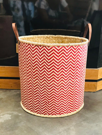 Round Palm Leaf Laundry Basket w/ Leather Handles