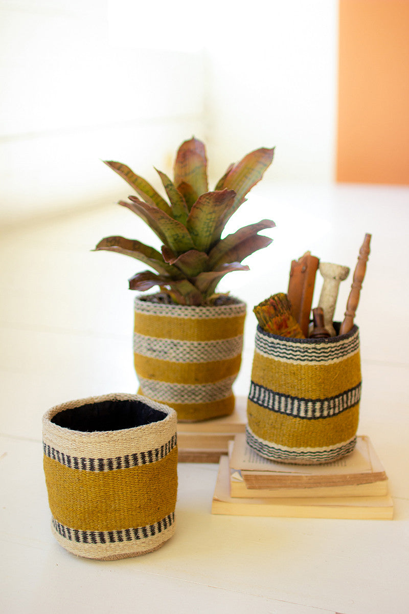 mustard indoor plant pot Fiorini 3-Piece Jute Pot Planter Set Mistana