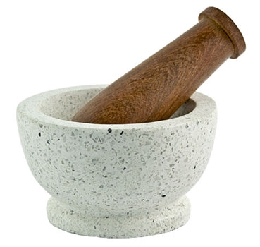 White Terrazzo Mortar with Acacia Wood Pestle - 4"D, 2.5"H