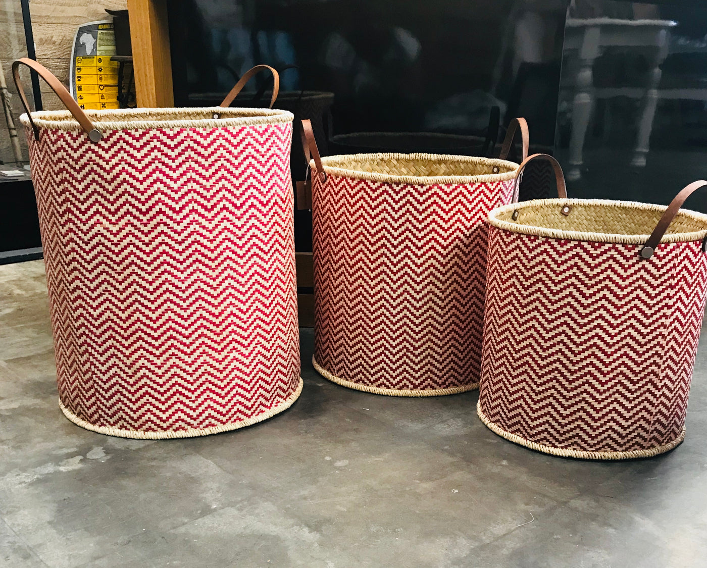 Round Palm Leaf Laundry Basket w/ Leather Handles