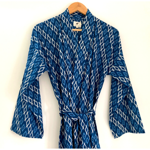 The Indian Bazaar - Womens Kimono Robe - Indigo white ikat print cotton + bag