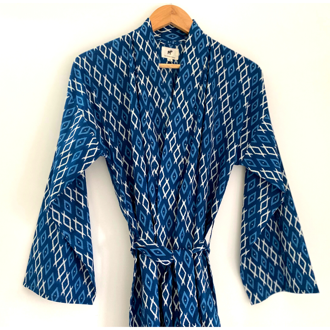 The Indian Bazaar - Womens Kimono Robe - Indigo white ikat print cotton + bag