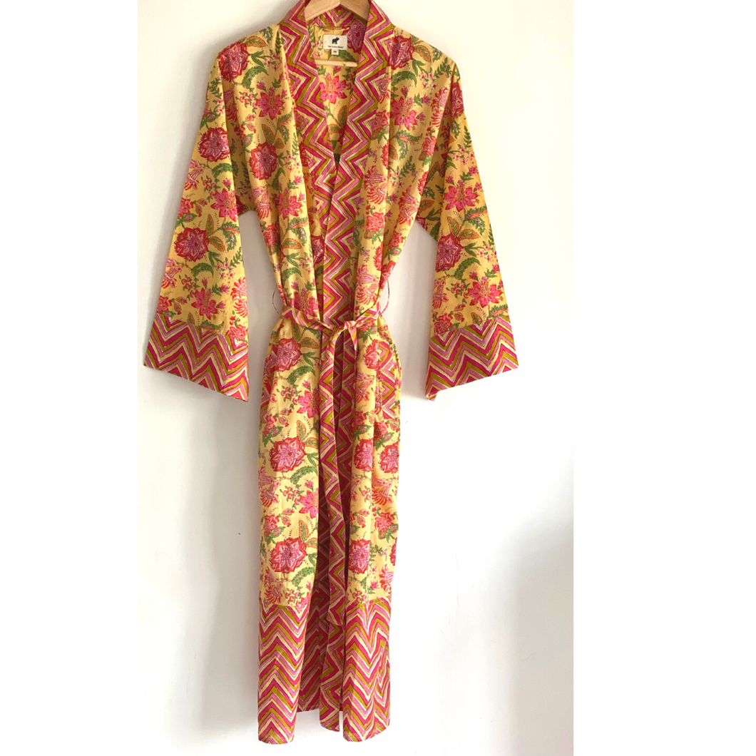 The Indian Bazaar - Duster Jacket Kimono, Long Coat Robe, Yellow Pink Border Prn