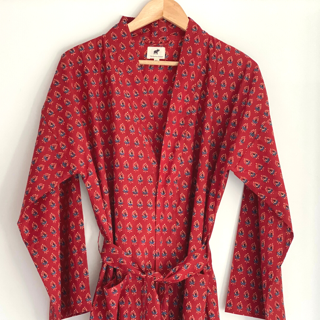 The Indian Bazaar - Womens Kimono Robe - Madder red all over print + bag