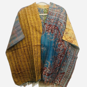 The Red Sari - Fringe Poncho - Kantha Stitched Sari Fabric