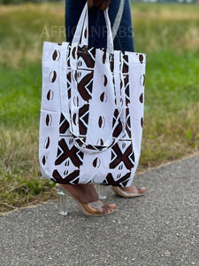 Shopper Bag With African print - White /Brown Bogolan - Reusable Shopping Bag made of cotton