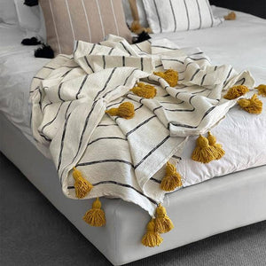 Moroccan Throw Blanket White with Yellow Ochre Tassels