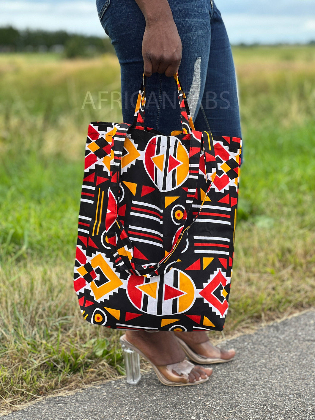 AfricanFabs - Shopper bag with African print - Red / yellow bogolan - Reusable Shopping Bag made of cotton