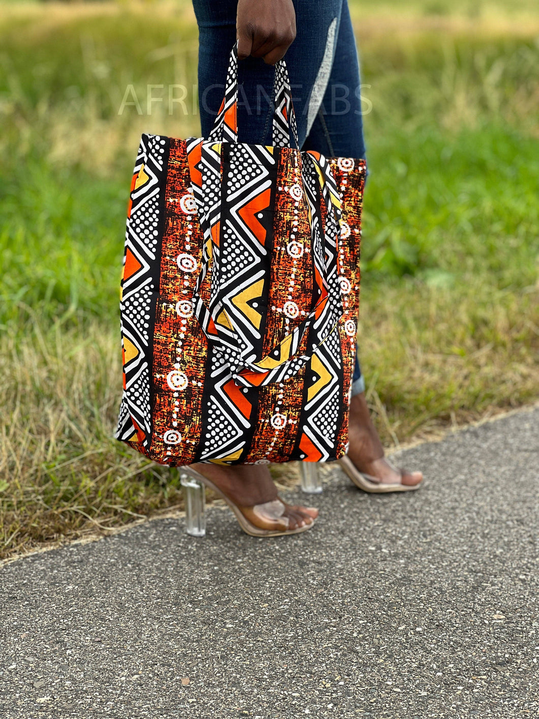 AfricanFabs - Shopper bag with African print - Orange bogolan - Reusable Shopping Bag made of cotton