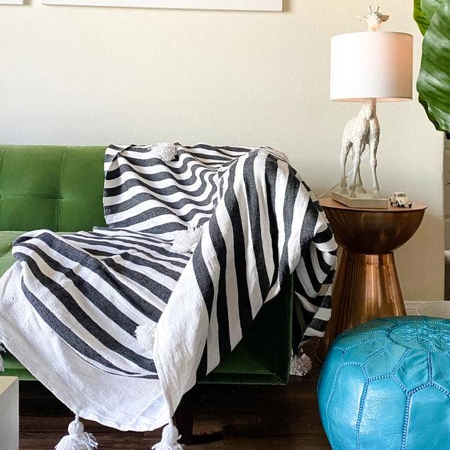 Moroccan Throw Blanket Black and White with Tassels