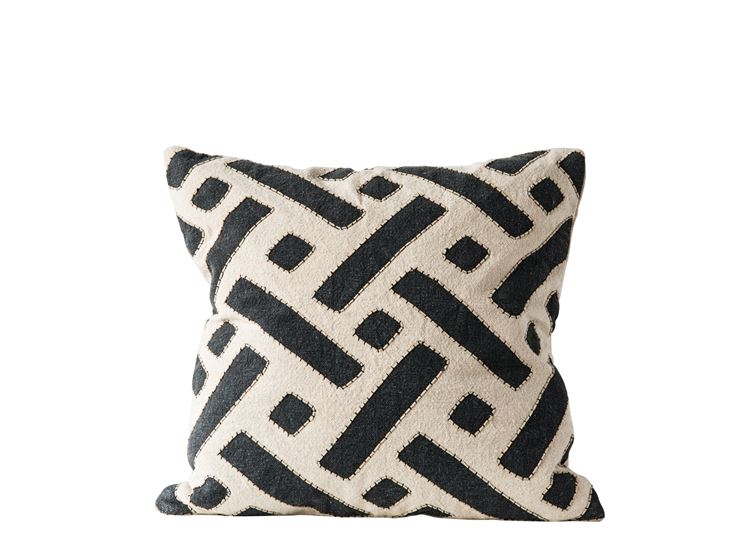 Square Cotton Kuba Cloth Style Pillow w/ Embroidery, Black & Natural 24