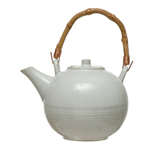Stoneware Textured Teapot w/ Bamboo Handle & Metal Strainer, White,