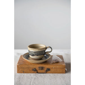 Stoneware Mug with Saucer, Set of 2