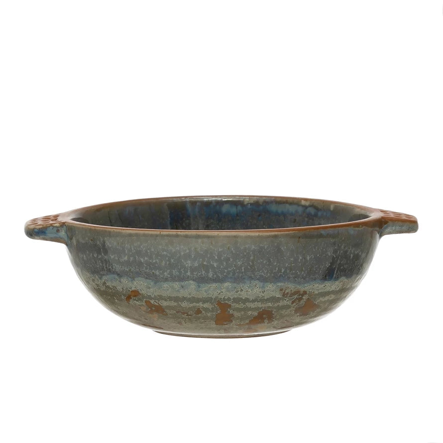 Stoneware Bowl with Handles and Brown Rim, Reactive Glaze
