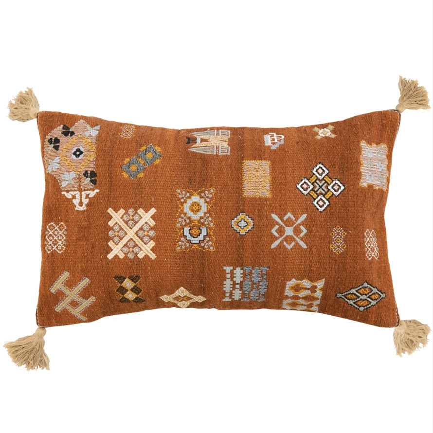 Wool & Cotton Embroidered Lumbar Pillow w/ Chambray Back & Tassels